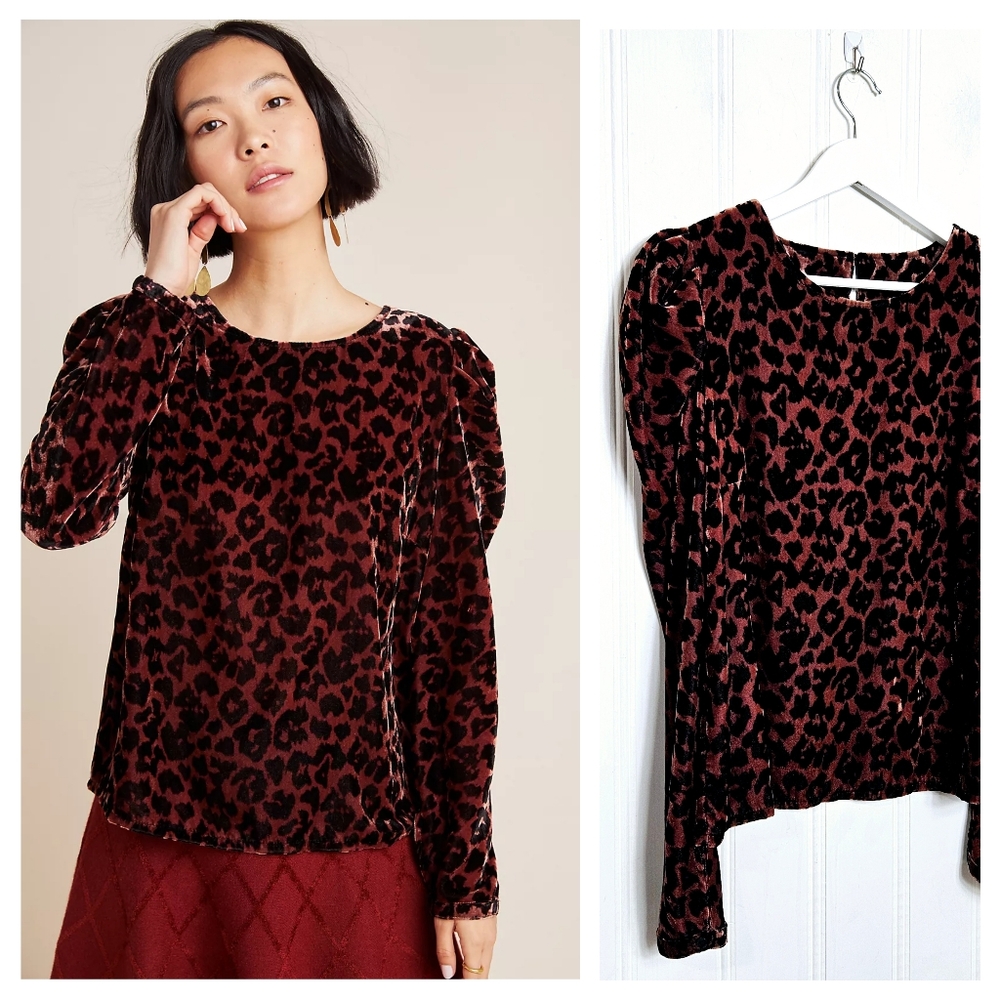 Anthropologie Dolan Blouse S Charley Velvet Leopard Animal Print Brown Black